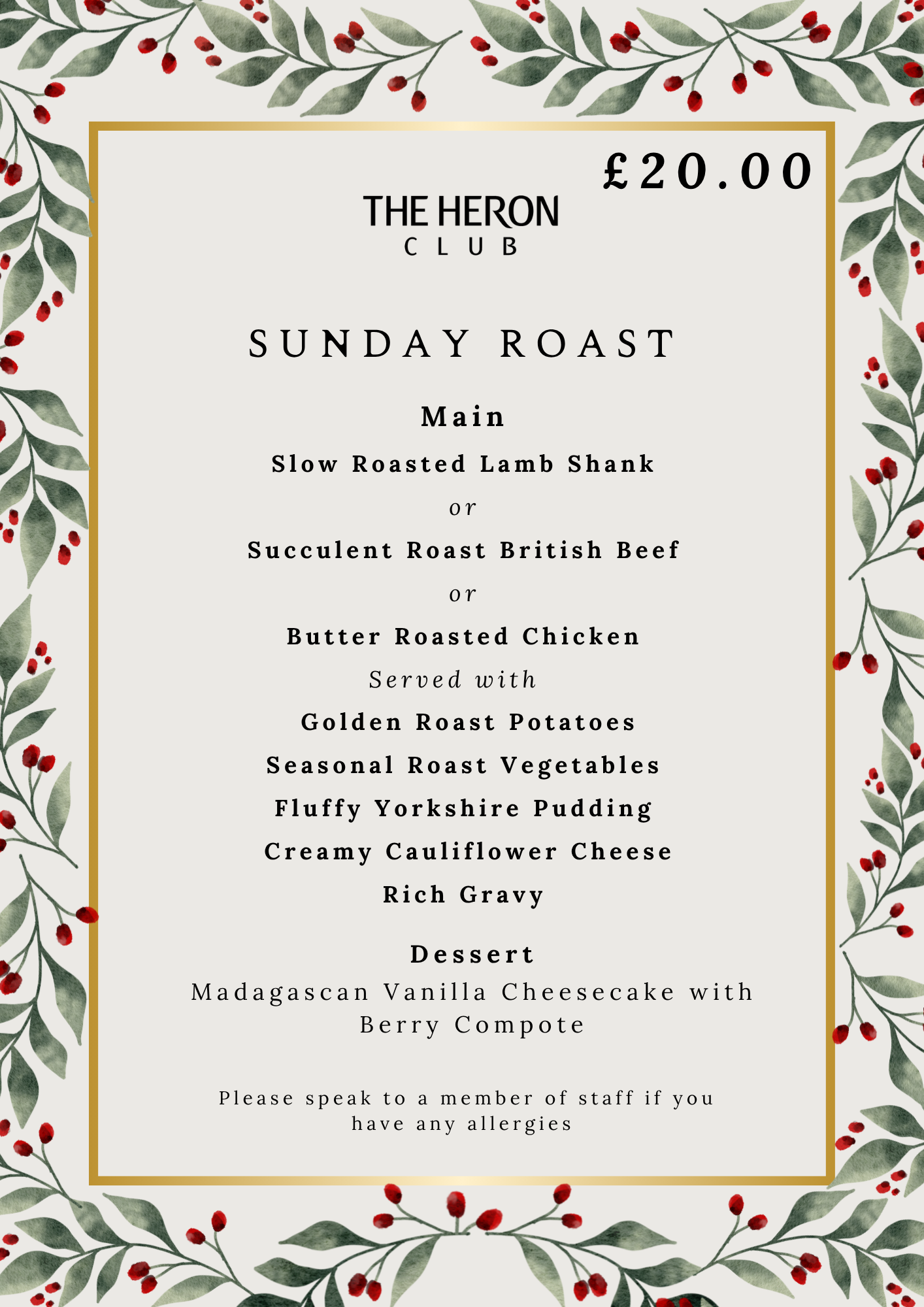 Heron Club Monthly Sunday Roast - 3rd May 2026